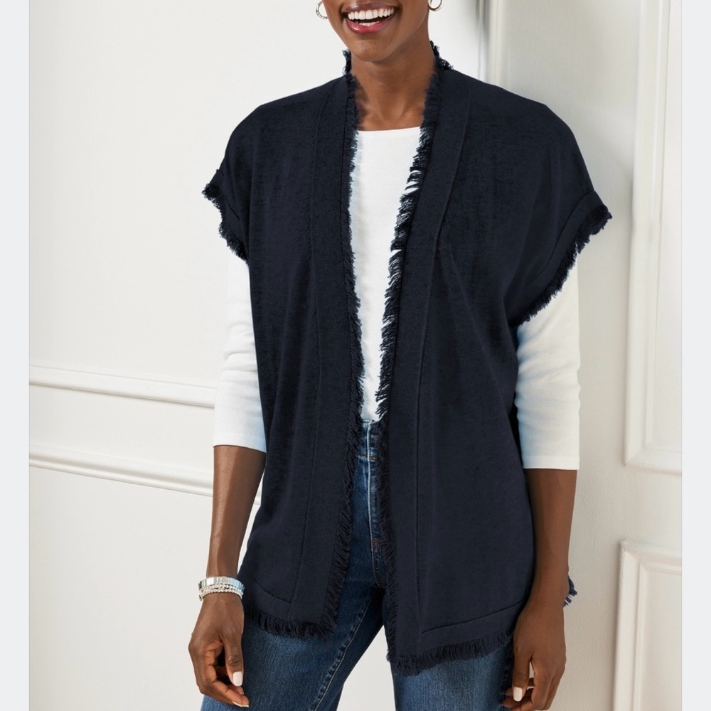 Talbots Plus Sleeveless Open Cardigan Vest 2X/3X Navy Blue Fringe Trim NWT